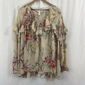 H&M Flounce Trim Ruffle Floral Western Boho Top Womens Size L Romantic Sheer